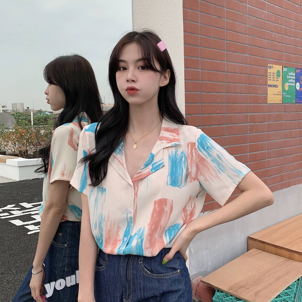 Áo Sơ Mi Tay Ngắn Dáng Ôm In Họa Tiết Độc Đáo Thời Trang Mùa Hè Hàn Quốc Cho Nữ