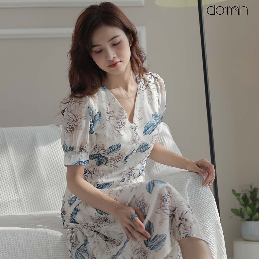 Váy Maxi Hoa Trắng Xanh Tay Bồng, Đầm Tay Ngắn Phối Đuôi Cá Xinh Xắn Mặc Đi Biển Đi Chơi