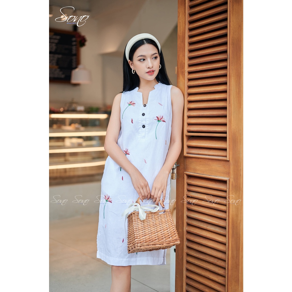 SONO - Đầm Suông Hàng Thiết Kế Thêu Nổi Hoa Rơi Chất Liệu Linen Cao Cấp