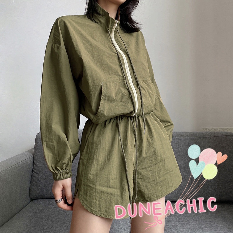 DUNEA Áo Khoác Cardigan Tay Dài &amp; Quần Short Nữ Màu Trơn