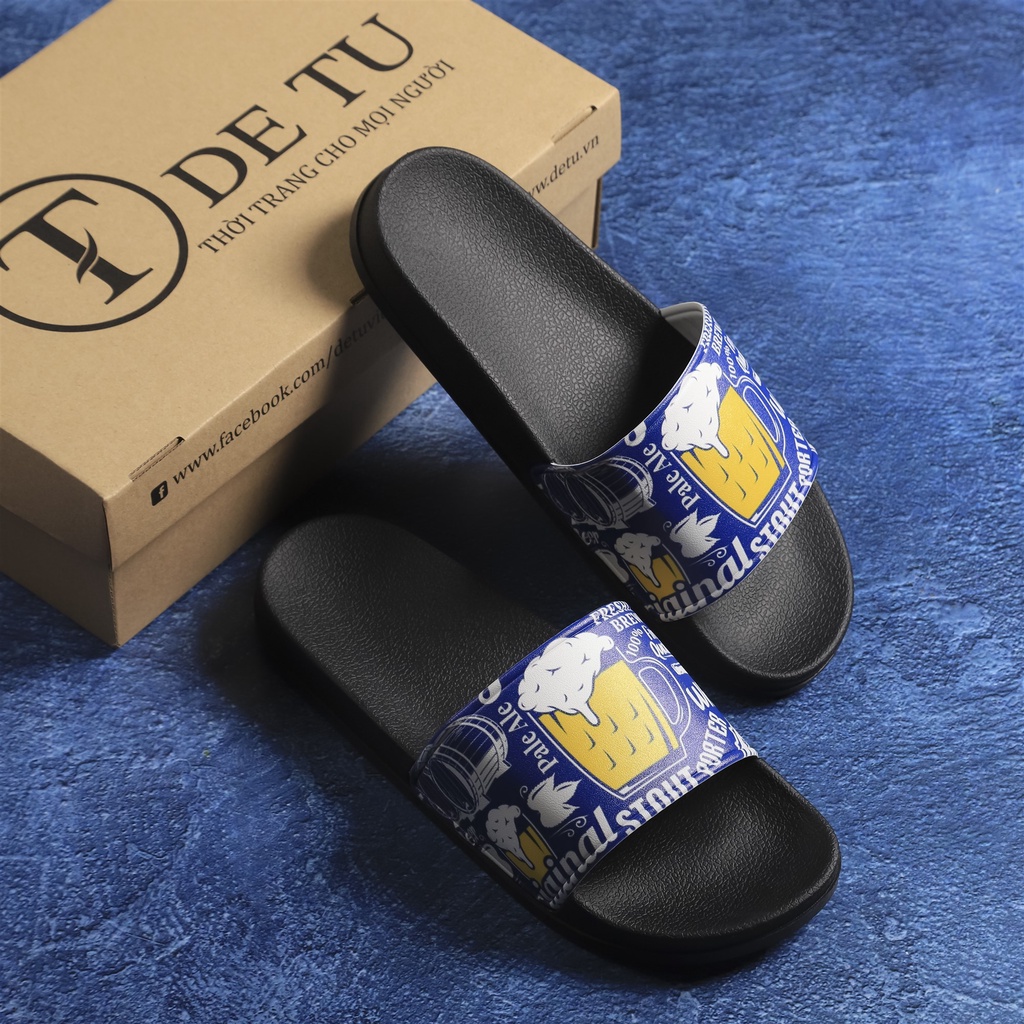 Dép Quai Ngang Unisex DETU DNT19 hình ly Bia (Đen/Xanh)