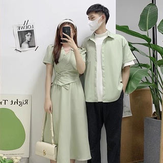   HOT - Có BIGSIZE nữ 80KG nam 100KG  Áo váy đôi nam nữ màu xanh mint trend đấp tà ngực - Đồ đôi Forever Couple Store 