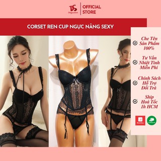 Corset Ren Sexy Cup Ngực Sexy, Nội Y Định Hình Tạo Dáng Body Quyến Rũ Ren Kèm Đai Kẹp Vớ