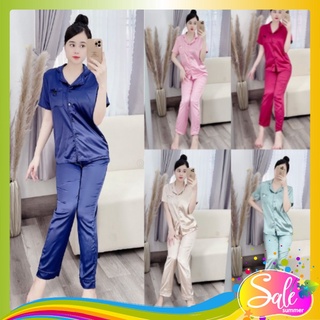Đồ bộ pijama lụa mặc nhà viền bèo tay cộc phối quần dài cao cấp
