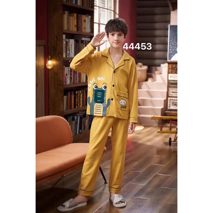44453 Bộ vàng viền xanh Bố và bé cao cấp mặc nhà vừa dễ thương lại mềm mại dễ chịu