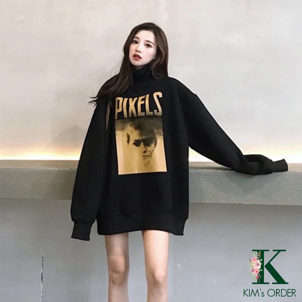 Áo Sweater Unisex Nam Nữ Màu Đen Chữ PIXLES Dài Tay Cổ Tròn Cổ Lọ Form Rộng Chất Nỉ Bông Dày Phong Cách Ulzzang Hàn Quốc