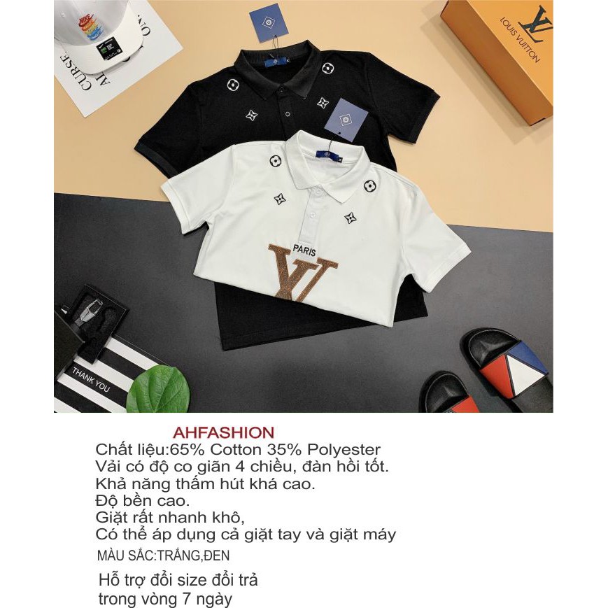 Áo thun nam POLO có cổ tay ngắn thêu LV vải cotton dày mịn co dãn thoáng khí 2 màu trắng đen cao cấp-AHFASHION | BigBuy360 - bigbuy360.vn