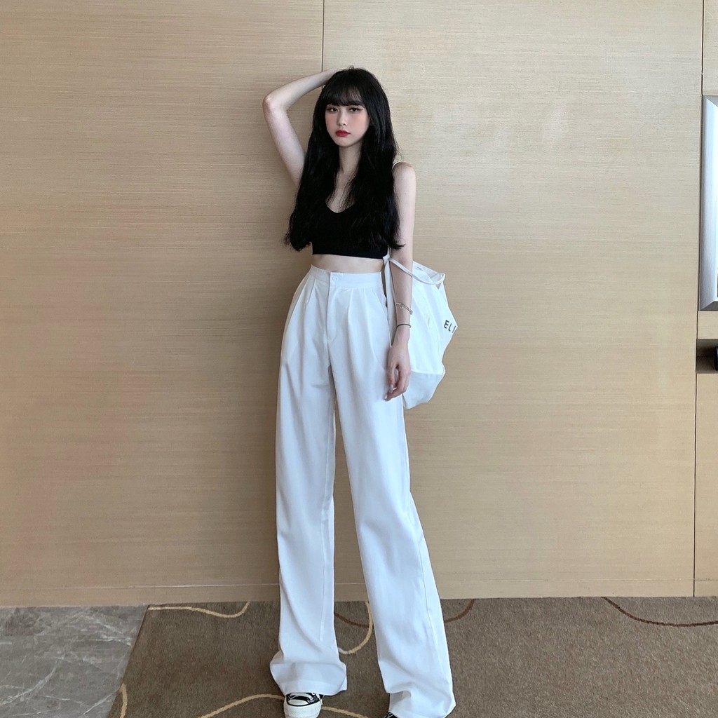 [Mã BMBAU50 giảm 50K đơn 150K] Quần kaki lưng cao ống rộng màu trắng HQD39 Hỉn Hỉn Store