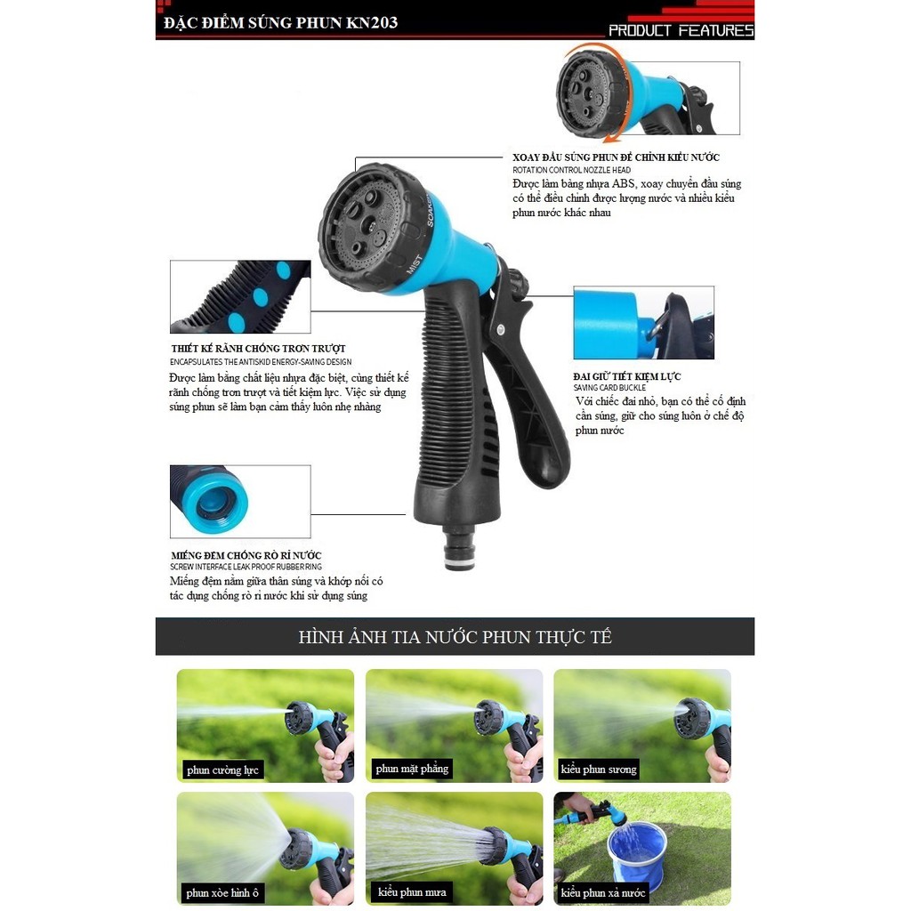 Vòi tưới cây, vòi rửa xe LIONKING ống kết cấu 3 lớp, vòi phun bằng nhựa, khung ru lô KR503 có thể cuộn 10-30 mét ống.
