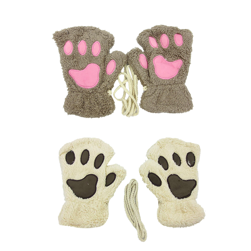 Găng tay giữ ấm bằng nhung thiết kế hở ngón họa tiết chân mèo đáng yêu