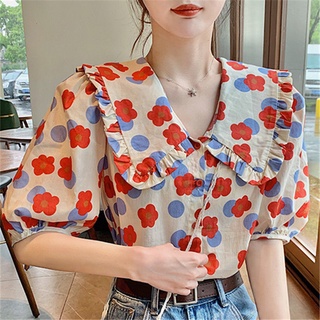 Áo Sơ Mi Voan Hoa Dáng Rộng Cổ Búp Bê Dễ Thương Thời Trang Cho Nữ