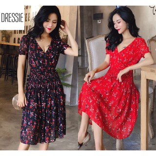 Đầm xòe đầm đẹp đầm dự tiệc váy nữ áo đầm DRESSIE đầm hoa midi cổ V thời trang nữ sexy đẹp dạo phố dự tiệc - DX163