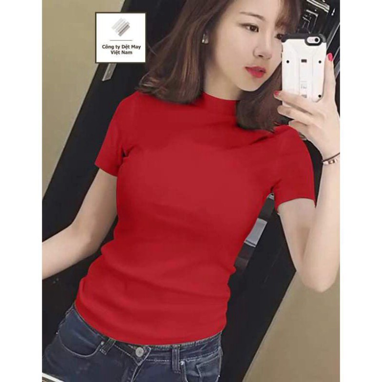 Áo thun nữ Cổ lọ tay ngắn bh668 nhiều màu chất vải cotton co giãn ôm dáng cổ cao