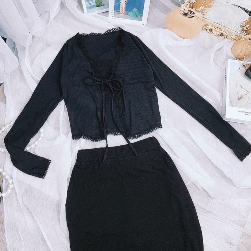 Set 3 món áo 2 dây chân váy dáng dài , Áo cardigan phối ren mix chân váy AD134 | BigBuy360 - bigbuy360.vn