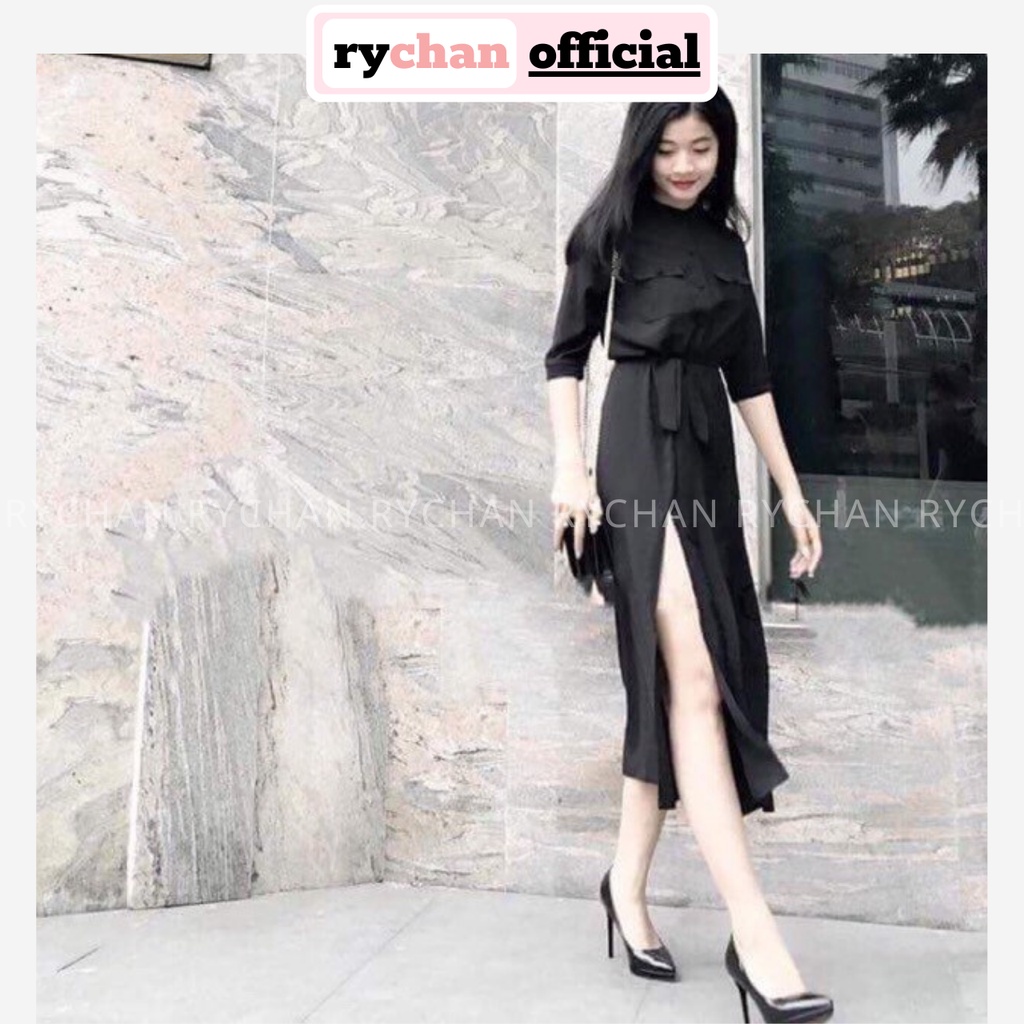 DM606 - Đầm Maxi Đen Xẻ Nút Bọc ( Kèm Hình Thật )