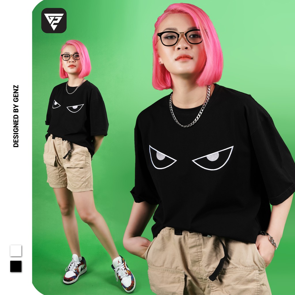 Áo thun tay lỡ GENZ phông Unisex nam nữ Cotton oversize form rộng Eyes Embroidery | BigBuy360 - bigbuy360.vn
