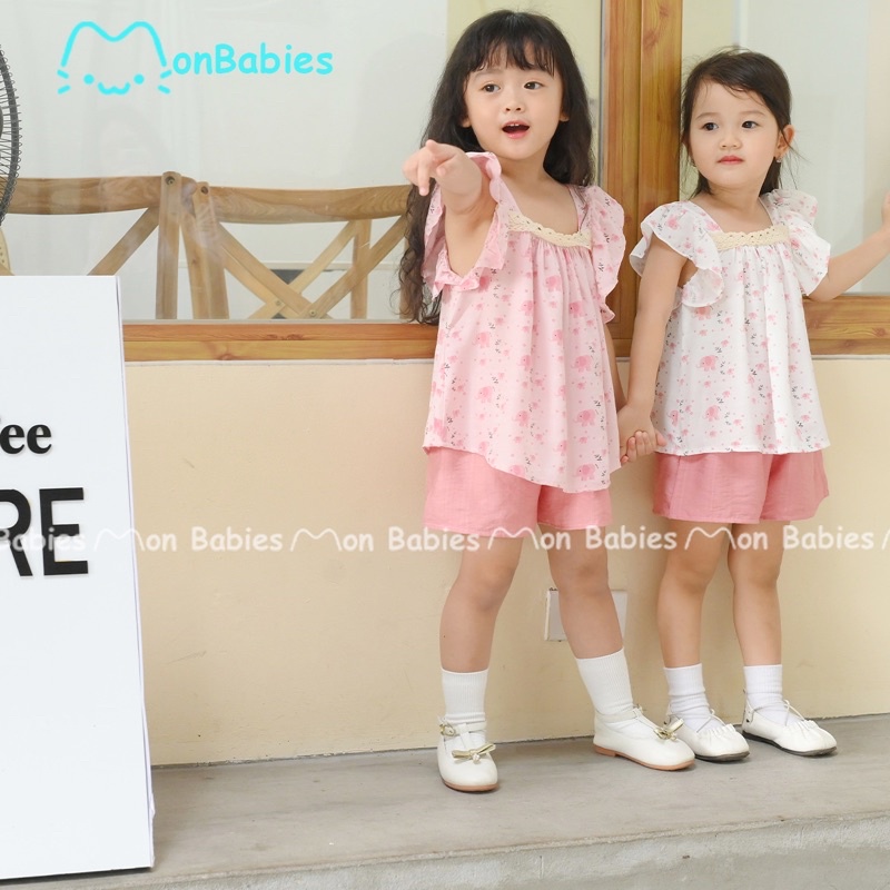 Quần áo bé gái 1-6 tuổi chất đũi tằm họa tiết voi con MonBabies VL74 - Bộ cộc tay bé gái thời trang cao cấp chính hãng