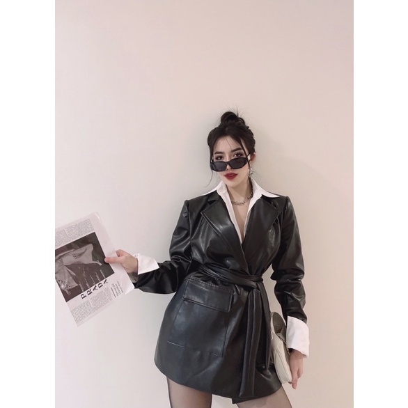 Áo vest da nâu hai túi vuông đai thắt eo Thuyngothanh Store | BigBuy360 - bigbuy360.vn