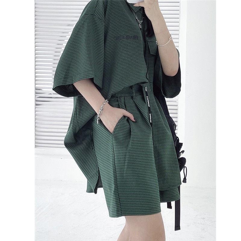Set Áo Sơ Mi Tay Ngắn Kẻ Sọc Caro Phối Quần Short Thời Trang Hè Trẻ Trung
