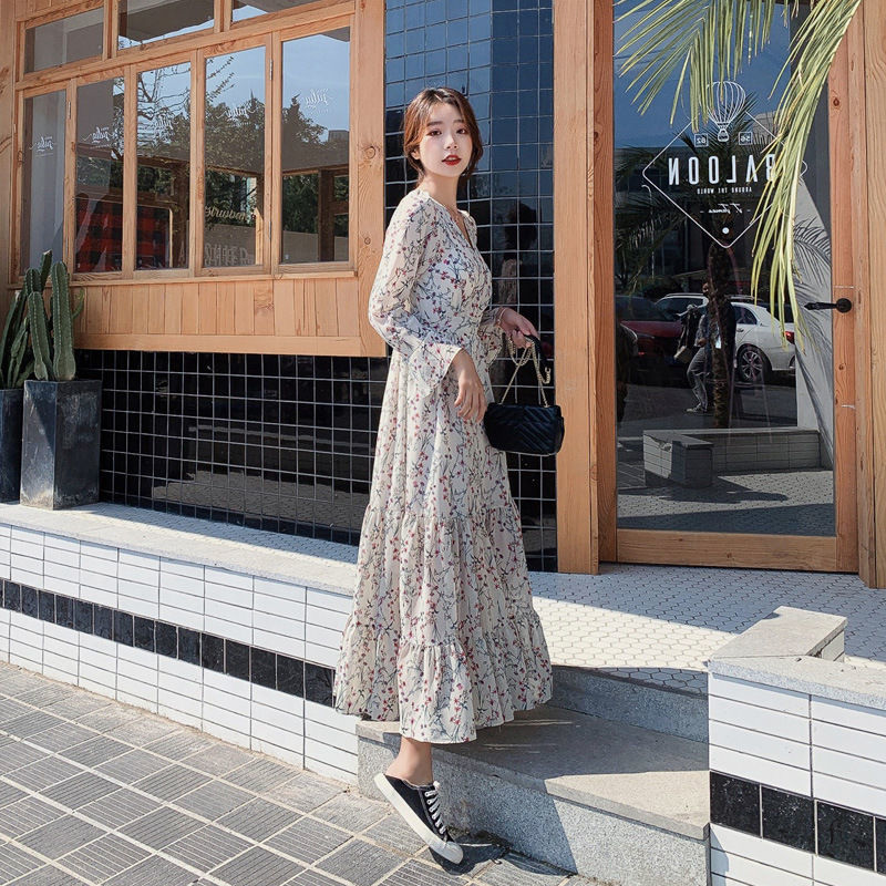 Đầm Dài Qua Gối Tay Cánh Bướm Vải Chiffon Phong Cách Hàn Quốc