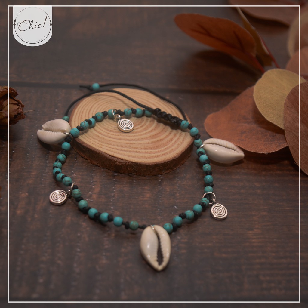 Lắc chân Boho - loại 1 sợi xanh phối ốc