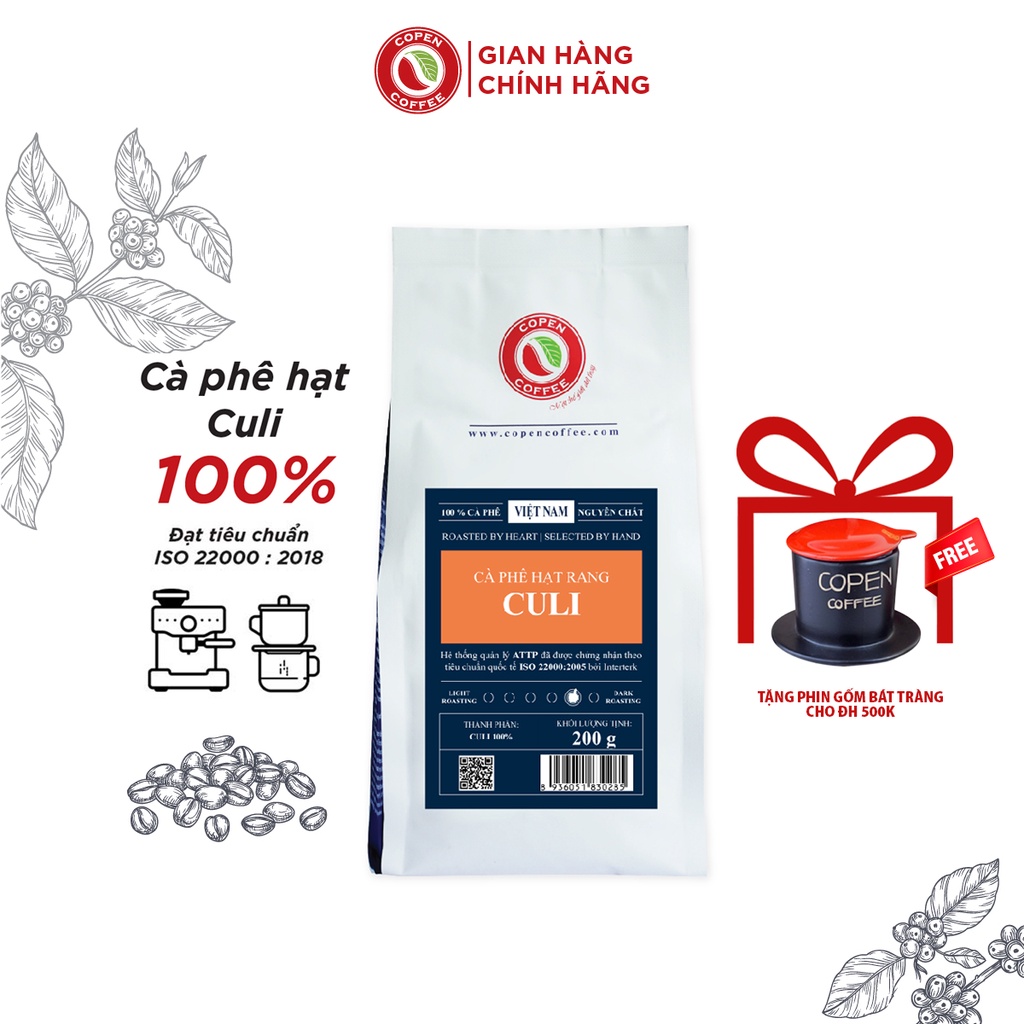 Cà Phê Copen Coffee Hạt Culi Nguyên Chất - Pha Máy Espresso, Pha Phin - Đắng Đậm, Thơm Nồng, Hậu Vị Sâu (Gói 200G)