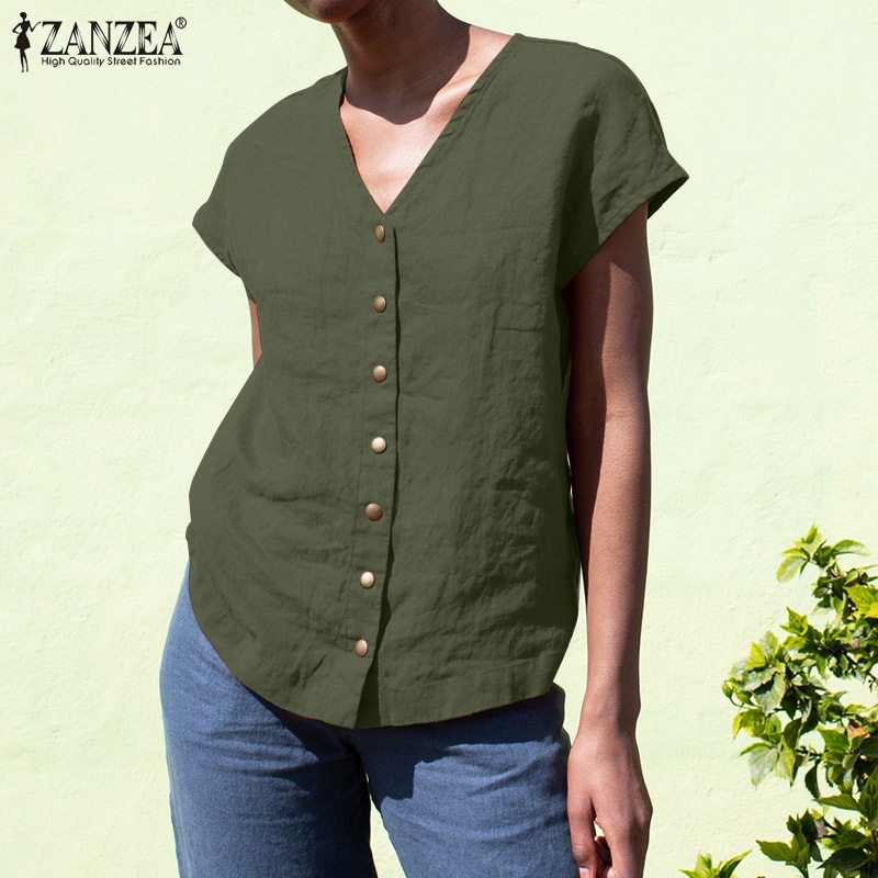 Zanzea Áo liền quần Cotton Ngắn Tay Cổ Chữ V Phong Cách Châu Âu Cho Nữ