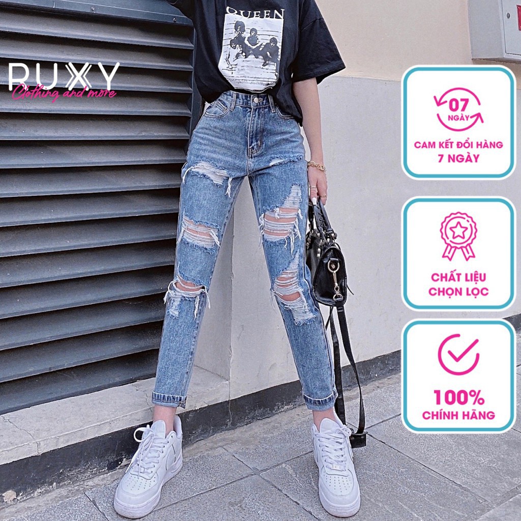 [Mã BMBAU50 giảm 50K đơn 150K] Quần Jean Nữ Ruxy Rách Gối Cạp Cao Dáng Baggy Xanh