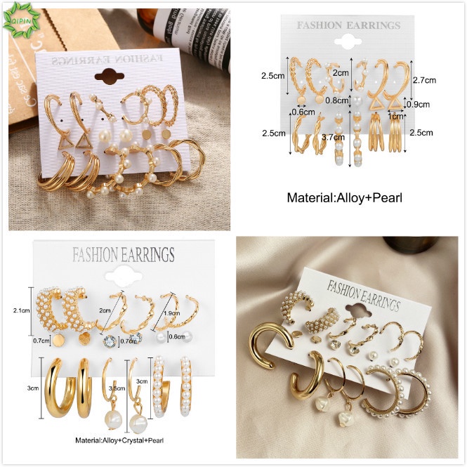 Set 9 đôi bông tai mạ vàng đính ngọc trai thanh lịch cho nữ