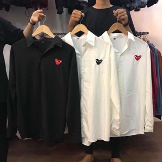 Sale Áo sơ mi unisex tay dài thêu tim cổ bẻ