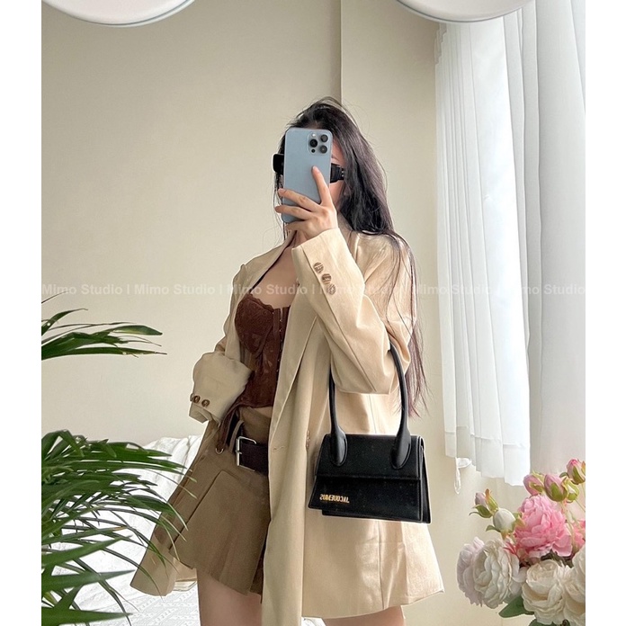 Bra corset lưng đan dây - Váy kaki nâu kèm belt