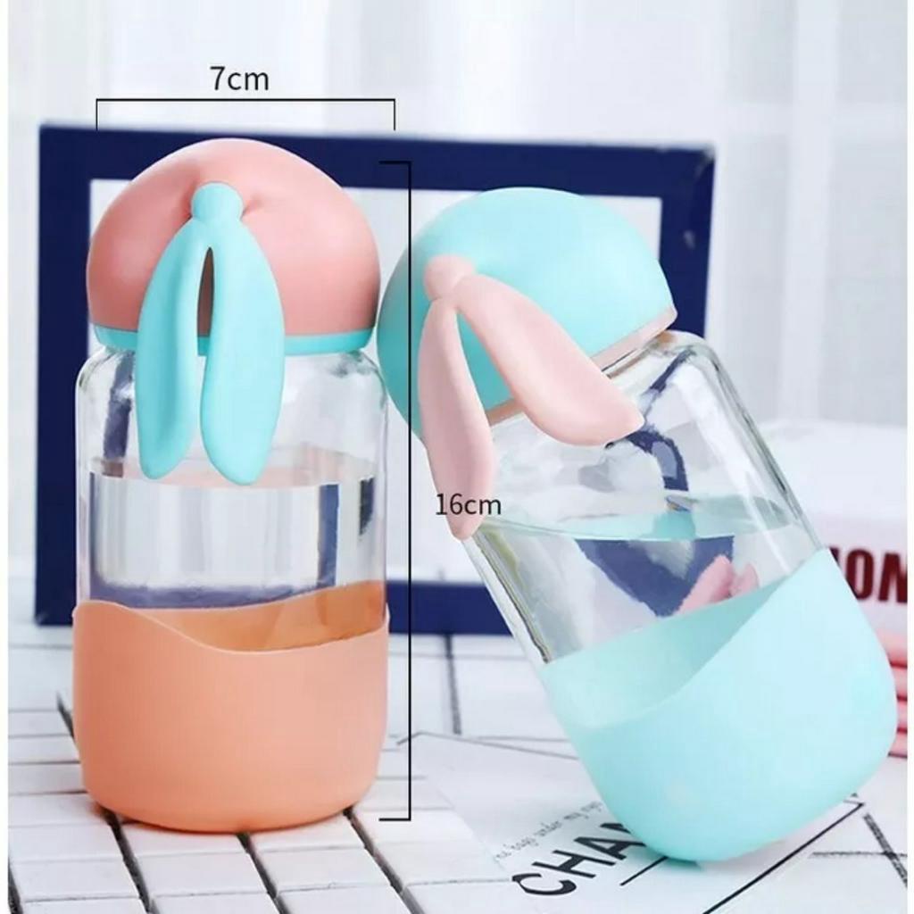 Bình Nước Thủy Tinh Tai Thỏ Siêu Đáng Yêu 340ml