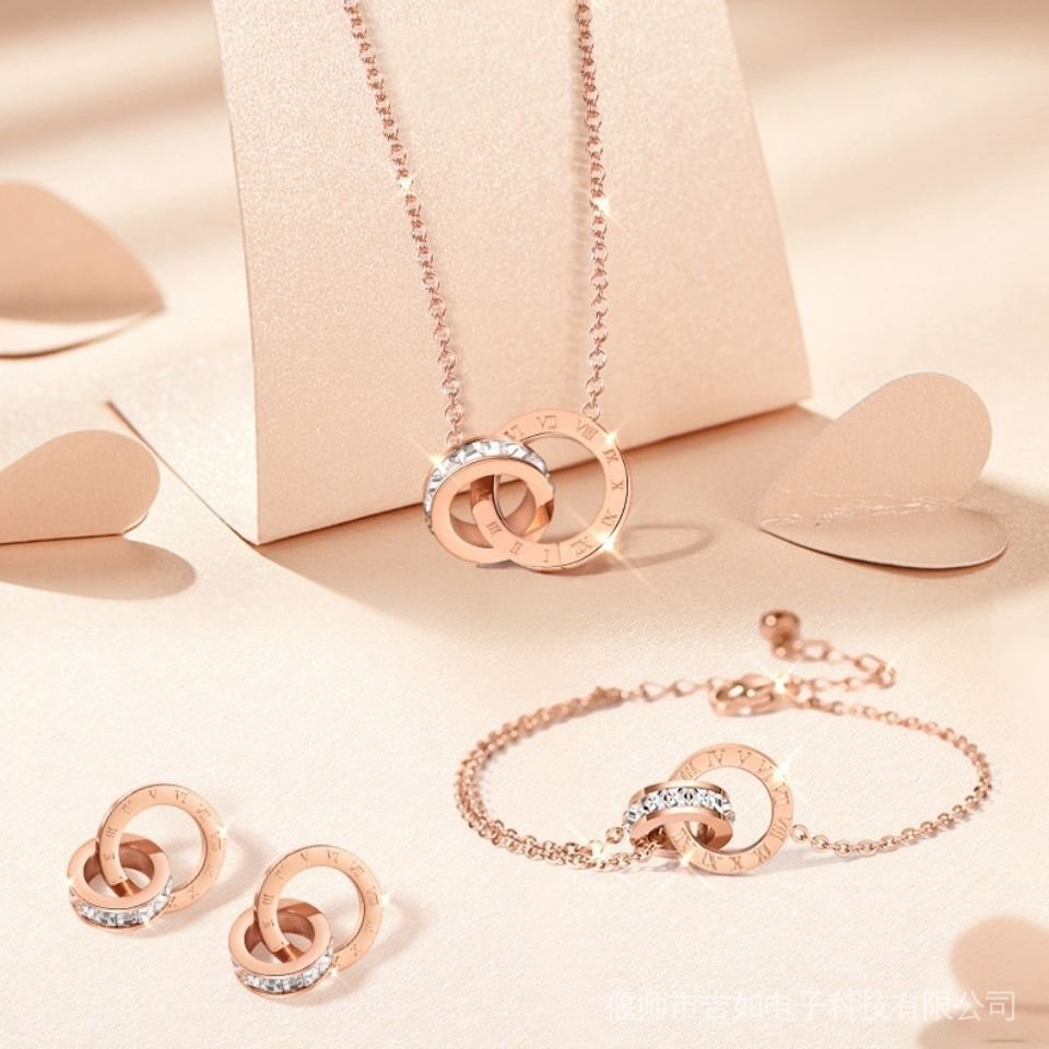 Bộ Trang Sức Ba Món Gồm Dây Chuyền/ Vòng Tay/ Bông Tai/ Vòng Tay Bằng Thép Titan Mặt Hình Số La Mã Đơn Giản Thời Trang Cho Nữ