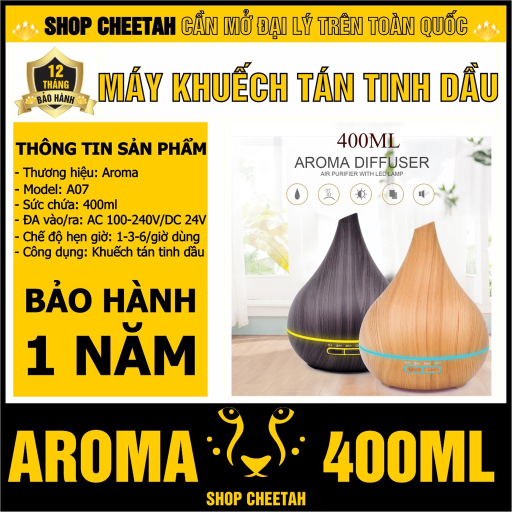 (A07-400ml) Máy khuếch tán tinh dầu Aroma – Kiểu Bầu vân gỗ tự nhiên – Chế độ Led 7 màu – Bảo hành 1 năm