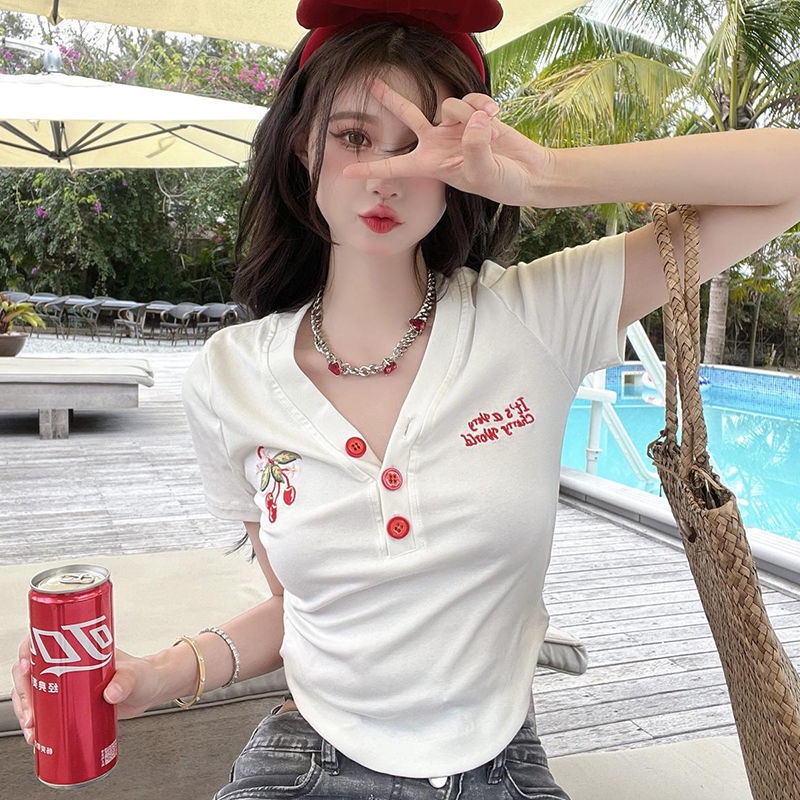 COZOK Áo Thun Tay Ngắn Dáng Ôm Thêu Hình Quả Cherry Dễ Thương