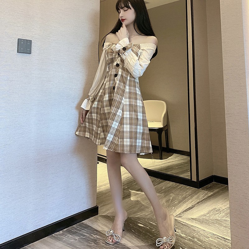Đầm váy nữ cổ vuông, mẫu váy đầm kẻ caro dáng xòe mặc được cổ vuông và trễ vai-L042 | BigBuy360 - bigbuy360.vn