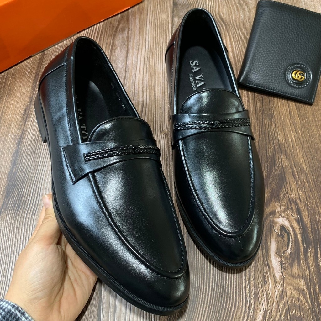 Giày tây công sở nam da bò nguyên tấm đai dệp đen trơn