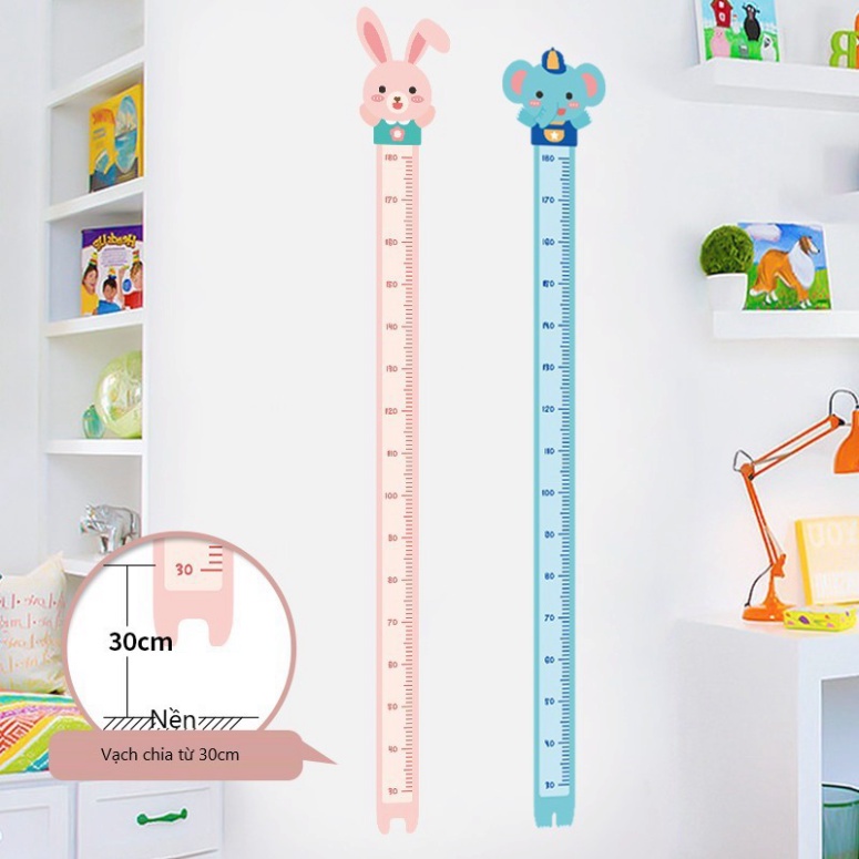 Decal dán tường thước đo chiều cao trẻ em bé hình con vật cute