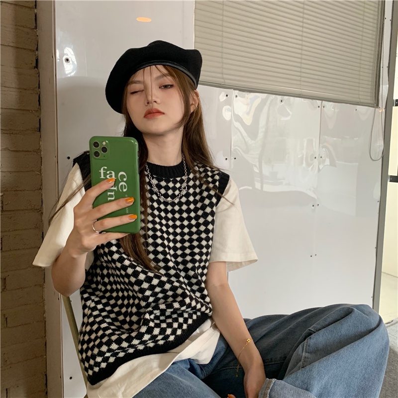 Áo dệt kim sát nách cổ tròn sọc ca rô thời trang cá tính