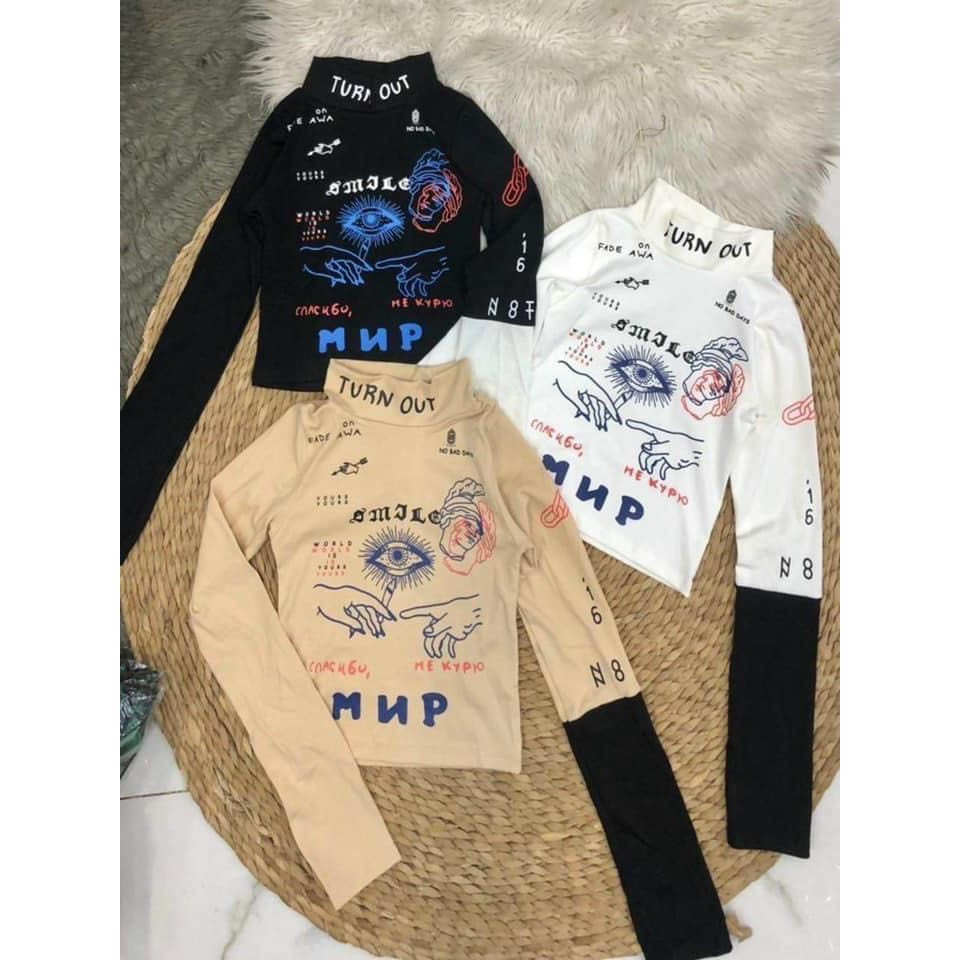 Áo thun ôm dáng tay dài cổ lọ hót họa tiết cá tính nu