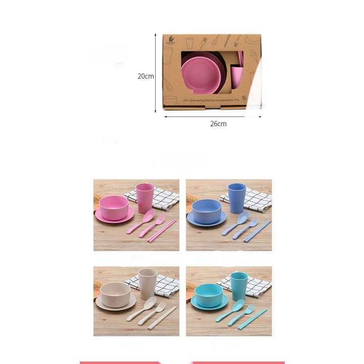 Bộ Tô  Chén Muỗng Đĩa Nĩa Đũa Dĩa Ly Bằng Lúa Mạch Màu Pastel - Combo 6 Món - HÀNG CÓ SẴN