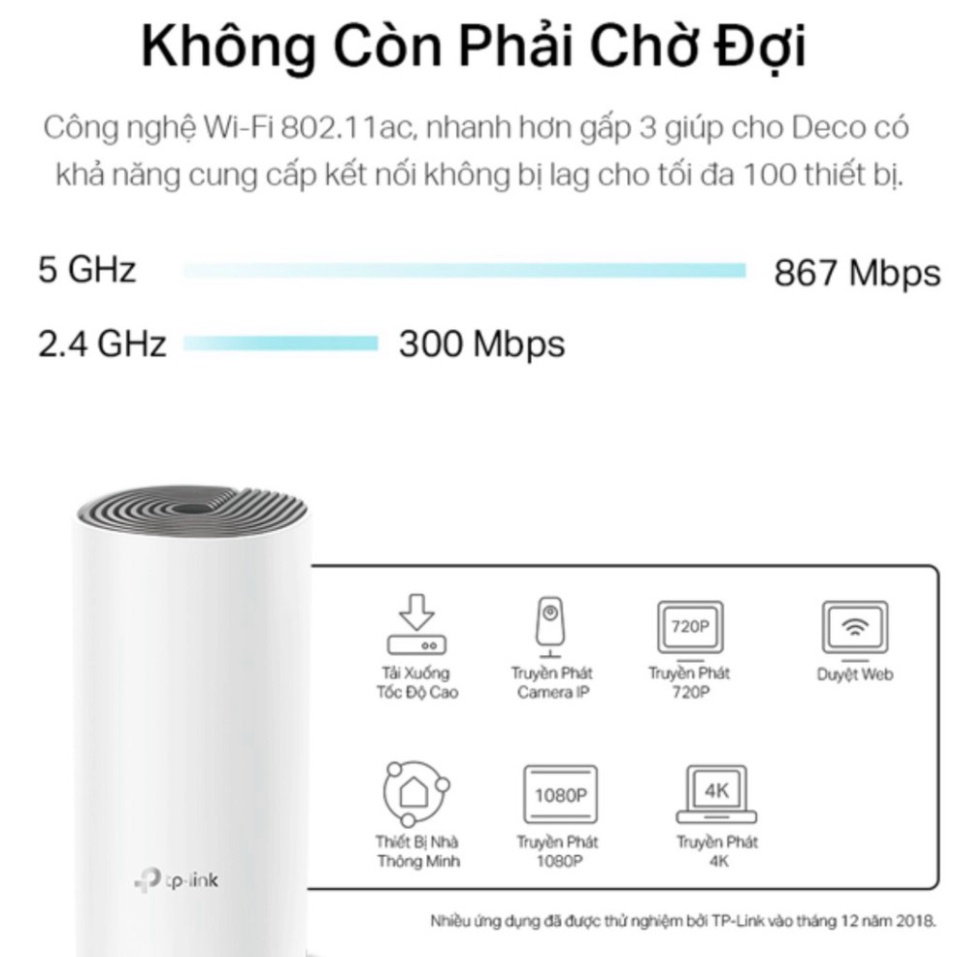 Hệ Thống Phát WiFi Mesh TP-Link Deco E4 (3-Pack) Chuẩn AC 1200Mbps - 3 Cục Phủ Wifi Toàn Nhà, 1 Tên Mạng Duy Nhất