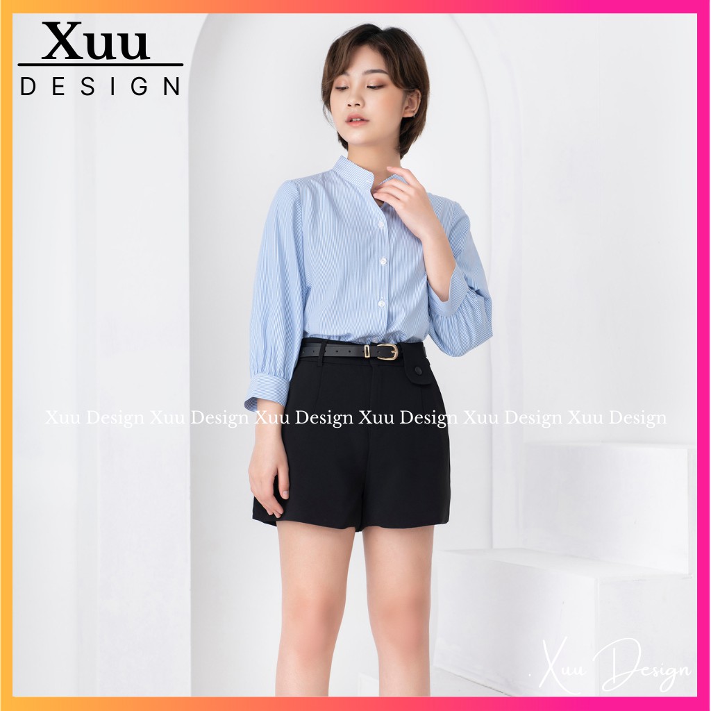 Áo Sơ Mi Nữ kẻ xanh cổ tàu Xuu Design áo sơ mi kiểu tay bồng chất liệu Kate cao cấp [ SMK11 kẻ xanh]