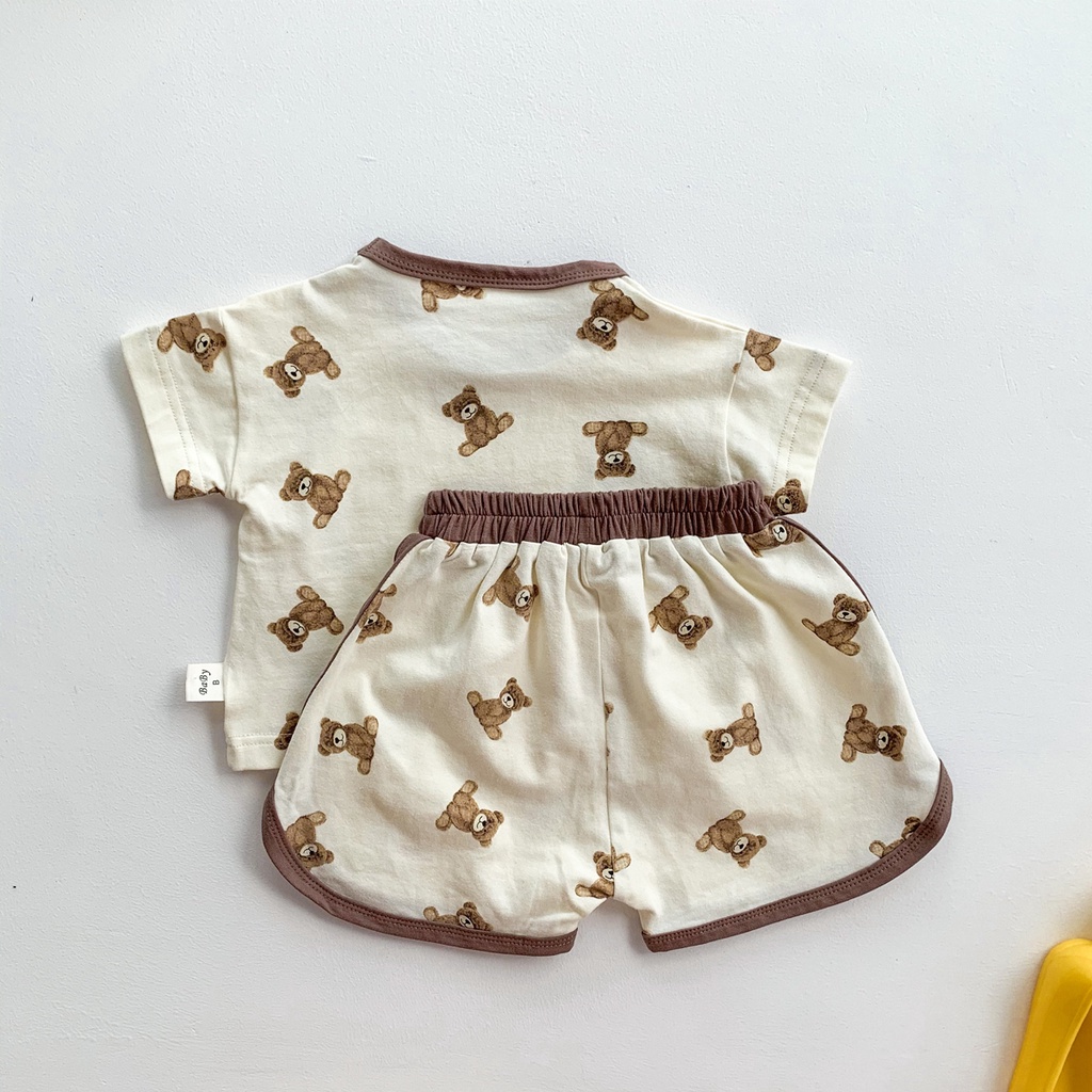 Bộ Áo Thun Tay Ngắn In Hình Gấu Hoạt Hình + Quần Short Thời Trang Mùa Hè Dành Cho Bé Sơ Sinh