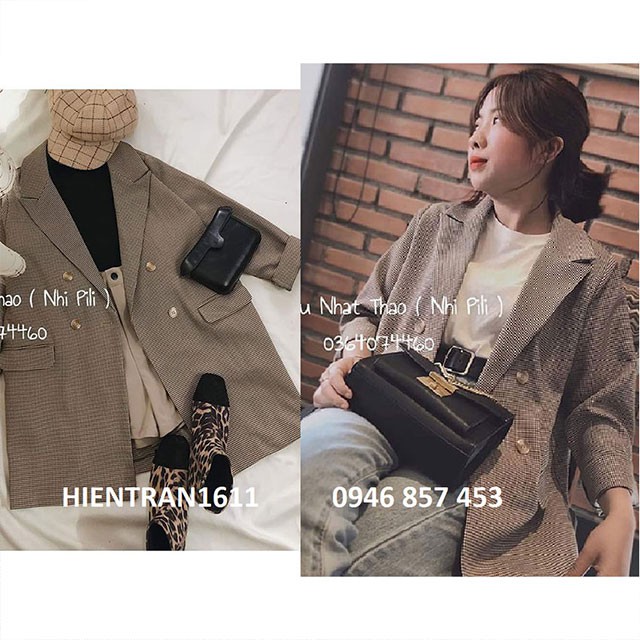 Áo blazer nữ mỏng một lớp màu nâu tây kẻ caro đứng dáng (Cam kết hàng y hình)