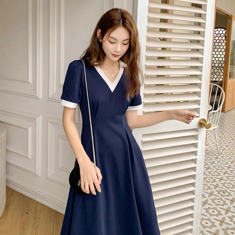 Váy đầm xanh hai dáng ngắn dài cổ V trắng basic phong cách mới kiểu Pháp