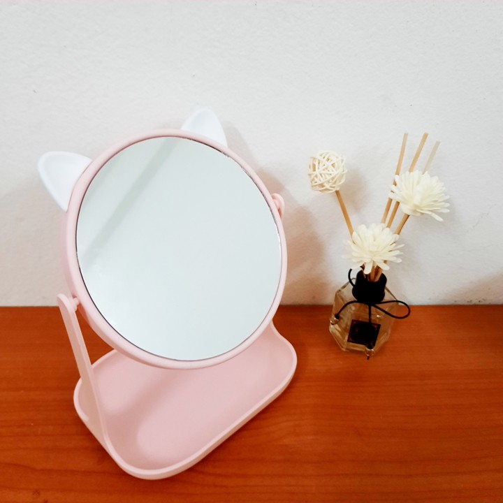 Gương trang điểm xoay để bàn có khay đựng đồ tiện lợi (GKK06)