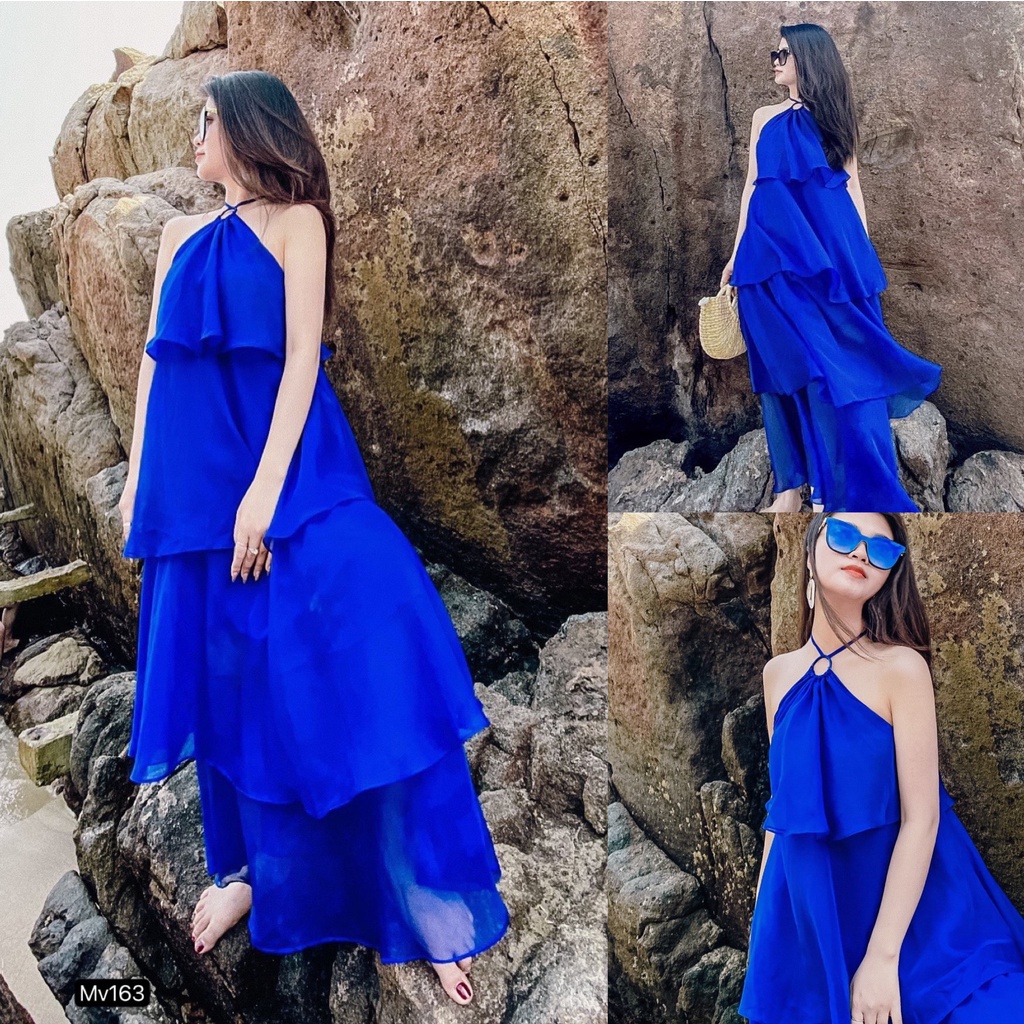 Váy maxi đi biển màu xanh coban cổ yếm HOT TREND 2022 mã V163