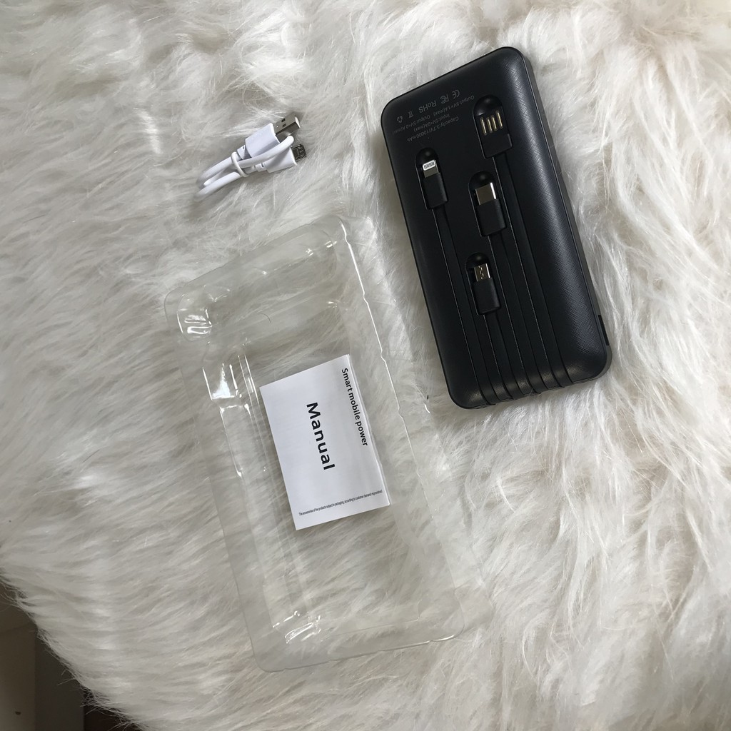 Sạc Dự Phòng 10000mah Power Bank 4 Dây Sạc Cho Iphone, Samsung, Xiaomi Có Lightning,Type C