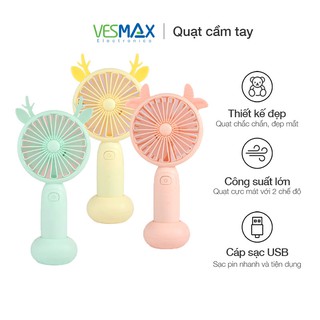 Quạt cầm tay mini tai thú dễ thương, quạt để bàn tích điện có đèn led cáp sạc USB